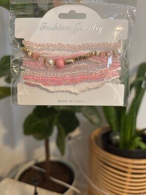 Fashion Jewelry Pink & Gold Layered Beaded Bracelet Set